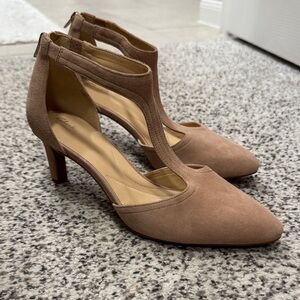 Nude Suede T-Strap Heels